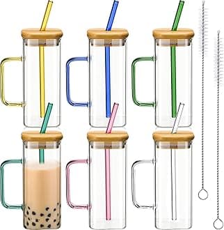 Rtteri6 Pcs Square Glass Cups Drinking Glasses with Bamboo Lids and Straw Portable Coffee Mugs with Color Handles for Employee Party Gifts(Bright Color, 13 oz, Small)