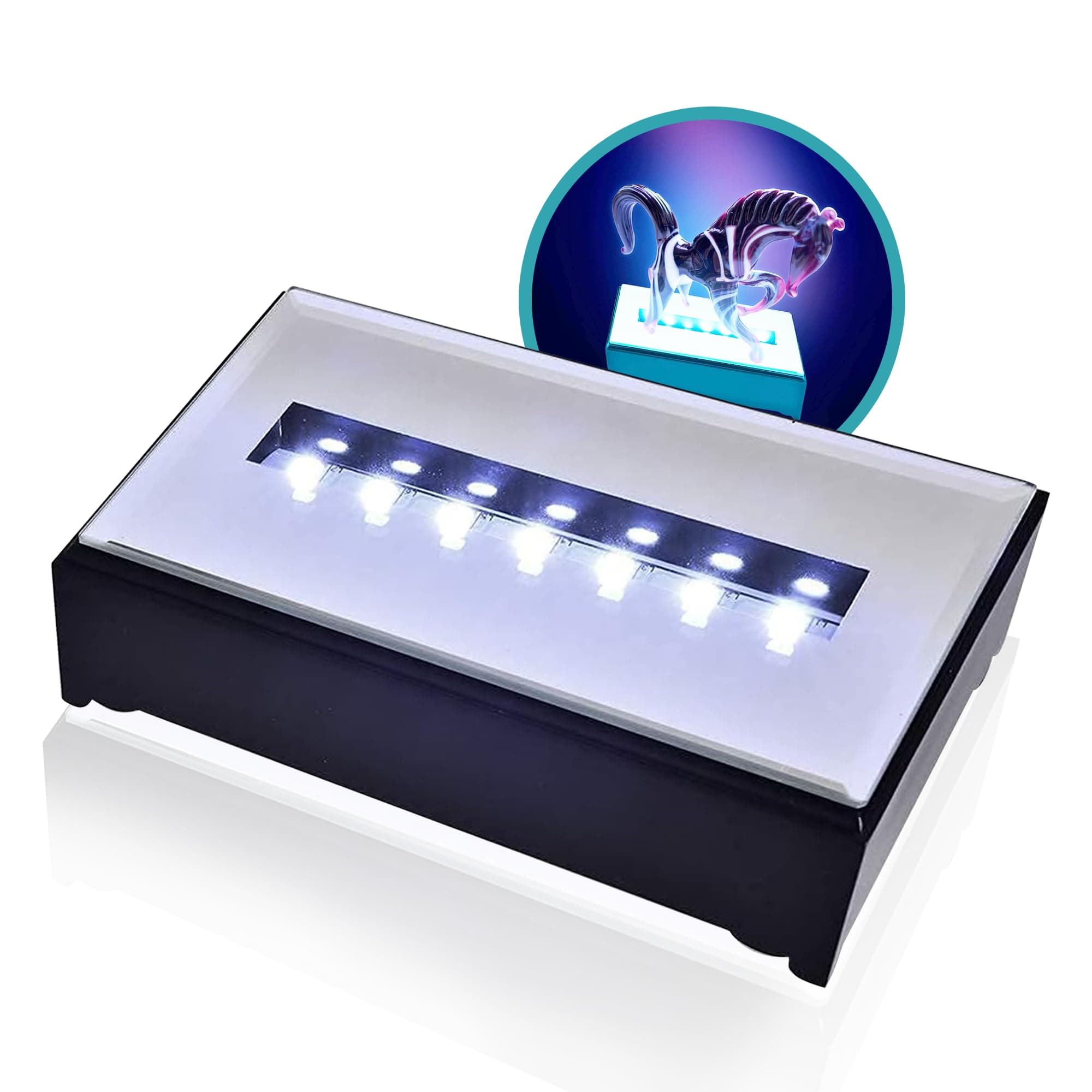 7 LED White Light Stand Base Rectangle Display Pedestal for 3D Crystal Glass Art - LED Light Base & Crystal Display Stand - AC/USB Plug Operated Crystal Holder & LED Base Black