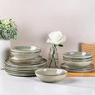 Ceramic Dinnerware Sets,Handmade Reactive Glaze Stoneware Plates and Bowls Set,Highly Scratch Resistant | Dishwasher & Microwave Safe Dishes Set,Service for 6 (18pc)