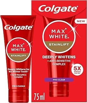 Colgate Max White Stainlift Pro Clean Toothpaste 75ml - 5X Whiter Teeth* in 3 Days - Sensitive Teeth whitening Toothpaste - 24/7 Protection for Sensitive Teeth and Enamel - removes deep-Set Stains.