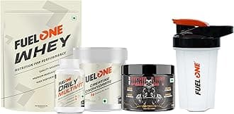 FUELONE Whey Protein (Rich Chocolate, 1kg), Dead-Lift Pre Workout (Deadly Fruit, 100g), Creatine Monohydrate (100g, Unflavoured) & Daily Multivitamin (30 Tablets) with Sports Shaker, 500ml