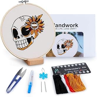 BERYA Skull Embroidery Starter Kits for Beginners, DIY Starters Needlepoint Kits with Skull Flowers Pattern, Including Hoop, Instruction & Video, Printed Cloth, Display Stand, Color Threads, Tools