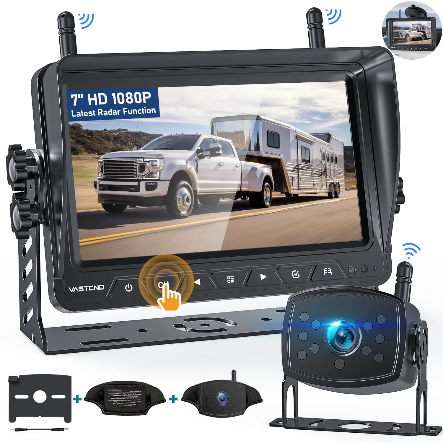 VASTEND M1 Pro Wireless Backup Camera with Radar Function, 1080P HD 4 Channel Split Screen Parking System, 7" Touch Screen Parking System, Night Vision Reversing Camera Kit
