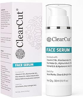 ClearCut Vitamin C 15% | Niacinamide 10% | Alpha Arbutin 0.5% | Retinol 0.3% | Face serum dark spot removal Rice water Hyaluronic acid 30 ml