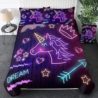 Sleepwish Unicorn Twin Bedding Set Neon Unicorn Bed Set for Kids Girls Boys 3 Piece Purple Turquoise Pink Unicorn Bedspread (Twin)