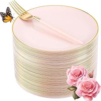 LIYH 96 Pcs Pink Gold Disposable Dessert Plates & Forks Set - 7.5 Inch Salad Cake Appetizer Plastic Plates for Parties, Birthdays, Baby Showers 48 Guests