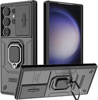 Lumobrilla Samsung Galaxy S23 Ultra Case with Sliding Camera Cover, 360° Rotate Ring Kickstand, Heavy Duty Protective, Black