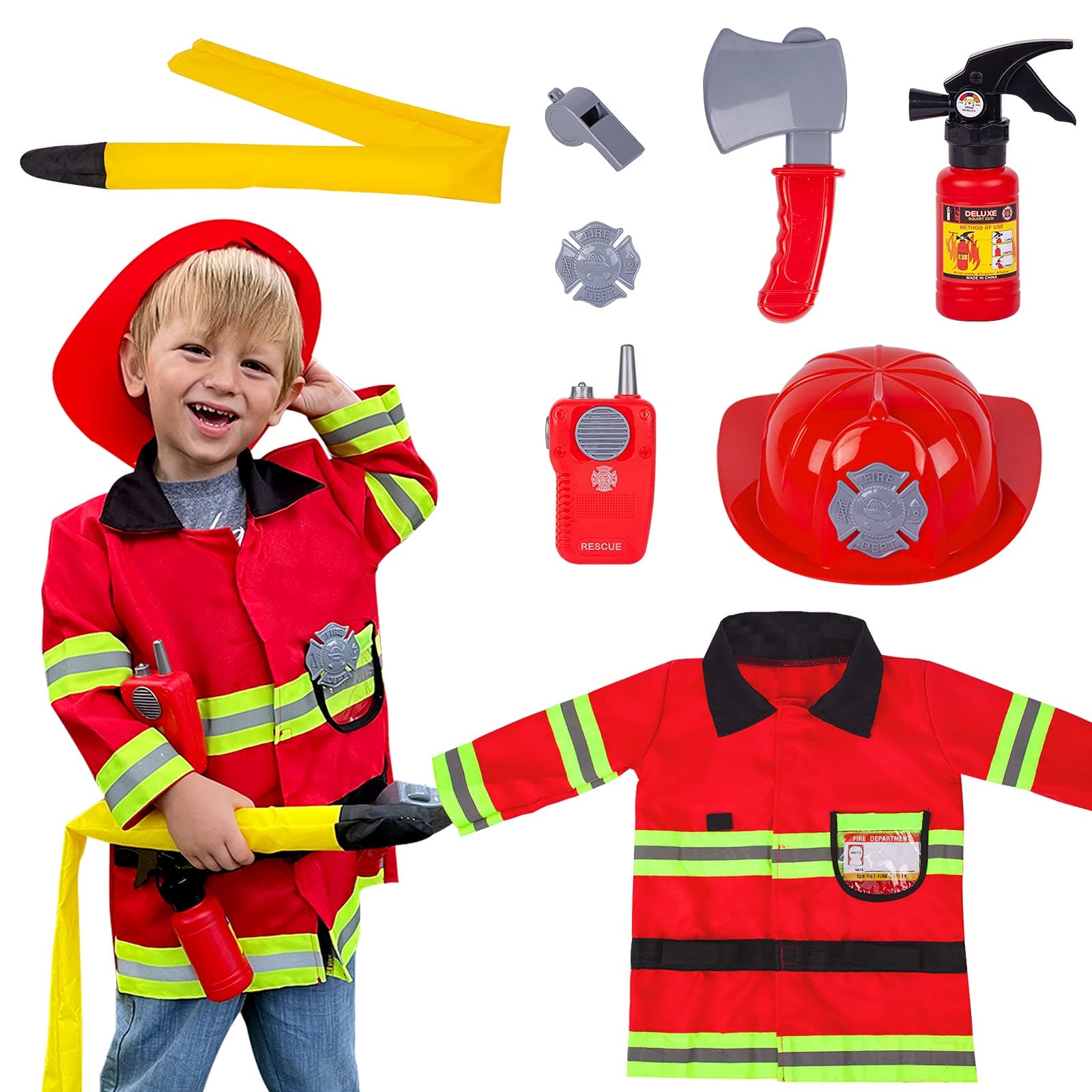 Fireman Costume for Kids 3 4 5 Years Old, Firefighter Tools with Fire Extinguisher, Pretend Play Toy Gift for Toddler Boys & Girls