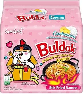 Buldak Spicy Ramen, en Ramen, Korean Stir-Fried Instant Noodle, Carbonara, 1 Bag with 5 Pack