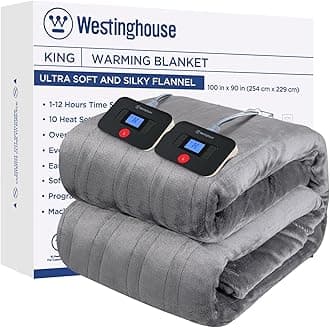 Westinghouse Electric Blanket King Size, Super Cozy Soft Flannel 100" x 90" Heated Blanket with 10 Fast Heating Levels & 1-12 Auto-Off, Machine Washable, ETL&FCC Certification, Light Grey…