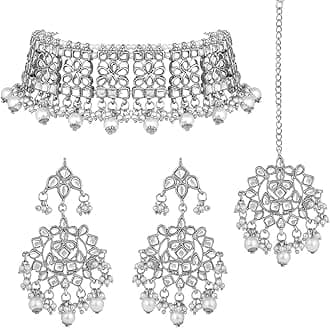 Aheli Elegant Indian Wedding Wear Faux Kundan Studded Choker Necklace with Maang Tikka Set Ethnic Fashion Jewelry for Women