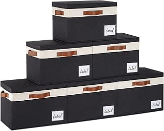 GhvyenntteS Extra Large Storage Bins with Lids, Foldable Fabric Storage Boxes with Lids and 3 Leather Handles, Storage Baskets with Label Window (6 Pack, Black, 15.75" x 11.8" x 10.2")