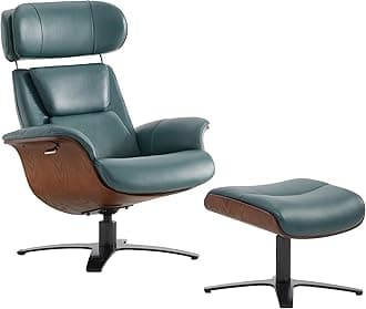 CHITA Genuine Leather Reclining Swivel Chair with Adjustable Headrest and Ottoman for Living Room, Teal
