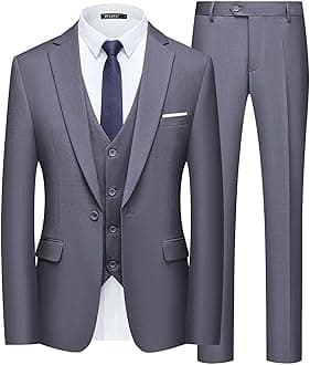 WULFUL Men’s Slim Fit Suit One Button 3-Piece Blazer Dress Business Wedding Party Jacket Vest & Pant