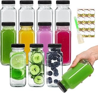 AuroTrends 8 oz Glass Bottles with Lids 12Pack, 250ml Glass Bottles for Juicing, Water, Kombucha - Portable Glass Juicing Bottles Reusable Glass 8oz (8fl.oz, Set of 12)