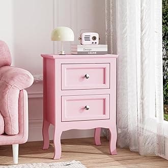 Bonnlo Nightstand with 2 Drawers, Night Stands for Bedrooms, Small Bed Side Table/White Night Stand with Drawers for Small Spaces, College Dorm, Kids’ Room, Living Room, French, 16W x 12D x 24H, Pink