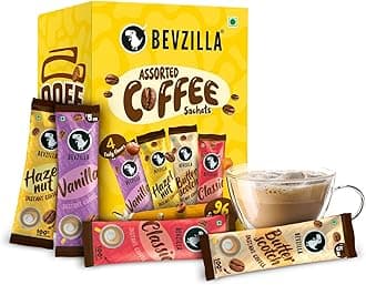 Bevzilla 96 Instant Coffee Sachets (4 Flavours) – 192g | Hazelnut, Classic, Vanilla & Butterscotch | 24 sachets each | Arabica Coffee | For espresso, latte, cappuccino | Hot & cold brews