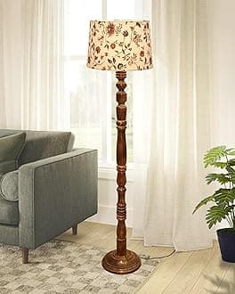 Homesake® Rustic Wood Floor Lamp for Living Room Walnut Brown with Multicolor Fabric Lamp Shade | Light Decoration for Home Side Lamp for Living Room & Bedroom | Antique Floor Light- Vine and Flowers