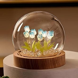 One94Store Tulip LED Night Light – Decorative Glass Table Lamp with 10 Artificial Flowers, Soft Glow for Bedroom, Living Room, Birthday & Gifts (8 cm, Blue-Color)