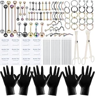120PCS Body Piercing Kit Surgical Steel 14G 16G 20G BCR CBR Labret Lip Rings Cartilage Daith Earrings Nose Septum Nose Studs Belly Button Rings Piercing Jewelry Needles Gloves Clamps Tools