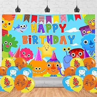 karg Super Simple Songs Birthday Party Backdrop, 5ft x 3ft Fabric Banner with 18 Party Balloons, Multicolored