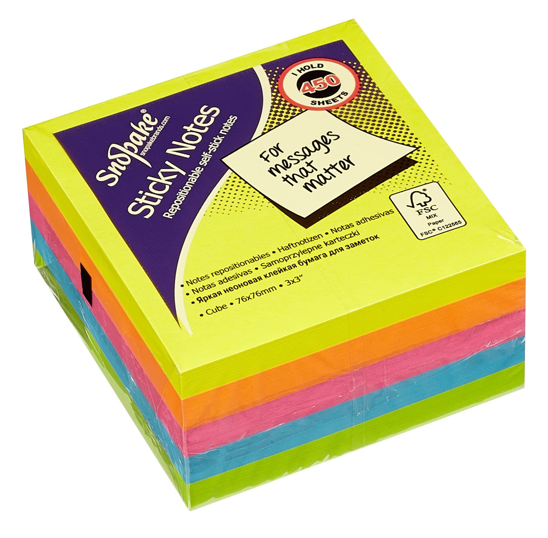 76 x 76 mm Neon Assorted Sticky Notes [Cube of 450 Sheets] 11702, Neon/Assorted Colours