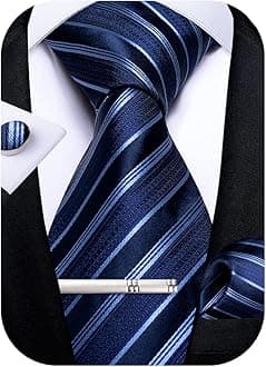 Mens Striped Tie Silk Woven Necktie and Pocket Square Cufflinks Tie Clip Set Wedding Business Formal Gift Tie for Men