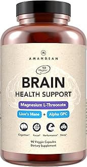 AMANDEAN Brain Supplement for Memory and Focus, Mental Clarity, Cognitive Function. Nootropic with Magnesium L-Threonate (Magtein), Lions Mane and Alpha GPC - (90 Veggie Capsules)