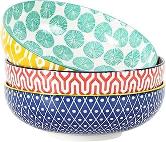 - 9.5" Serving Bowls, 60 OZ Large Salad Bowls Set of 3 for Entertaining Party, Ceramic Bowls for Kitchen, Pasta, Soup, Dinner, Assorted Colors