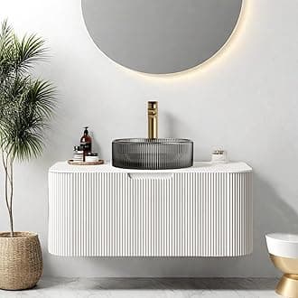 36 inch Floating Bathroom Vanity with Sink, Modern Bathroom Cabinet with Round Transparent Black Glass Basin and Marble Top, Large Storage Drawer, Soft-Close Design, Pre-Assembled, White