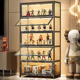 Display Cabinet with Acrylic Glass Doors, 5-Tier Curio Cabinet, Collectibles Toy Organizers Rack & Display Shelf, High Display Case for Home, Office, Playroom, Living Room (Grey flip Door)