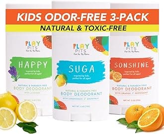 PLAY PITS - Kids Deodorant for Girls & Boys - Natural - Aluminum-Salt Free - Safe for Sensitive Skin - Variety Pack - SUGA, SONSHINE, & HAPPY – Clean, Non-Toxic, & Paraben Free - 2.65oz - 3 pack