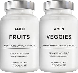 Amen Fruits + Veggies Vitamins Bundle, Raw Whole Food Multivitamin Capsules, Greens Vegetables, Red Fruits & Berries Vegan Blend, Fibers + Phytonutrients Superfood Minerals Supplement, Non-GMO, 180 ct