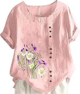 Women Floral Print Linen Shirts Short Sleeve Gauze Tops Loose Fit Cotton Blouses Trendy 2024 Clothing