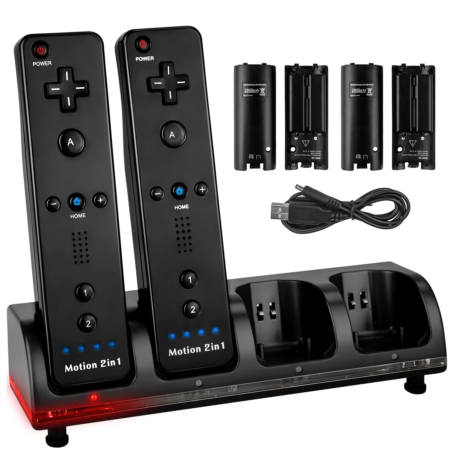 4 Pack Rechargeable Battery for Wii Remote Controller, TechKen 4 x 2800mAh Batteries with Charging Dock Station (Black)
