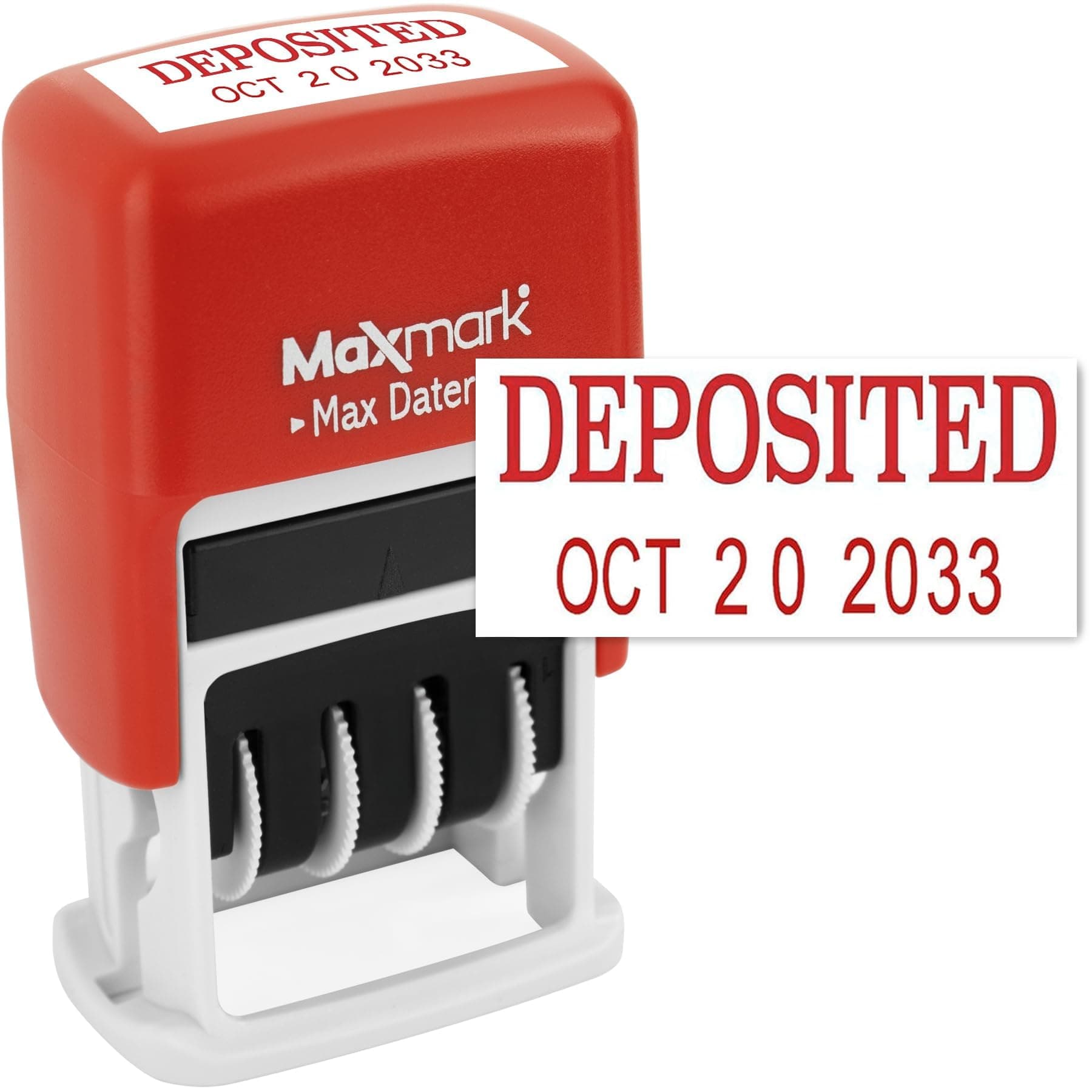 Maxmark Max Dater Self-Inking Phrase Date Stamp - Red Ink DEPOSITED Red