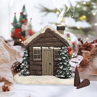 Incense Holder for Sticks, Incense Cone Burner Ornaments,Village Christmas House Backflow Incense Holder, Resin Christmas Snowy Town with Xmas Tree, Log Cabin Incense Burner Christmas Decorations