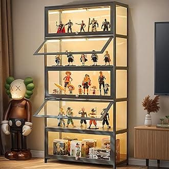 Curio Display Cabinet, Display Cabinet with Acrylic Glass Doors, 5-Tier Transparent Bamboo Display Case, Collectibles Toy Organizers Rack, Bookcase for Living Room, Office, Playroom (Gray Flip)