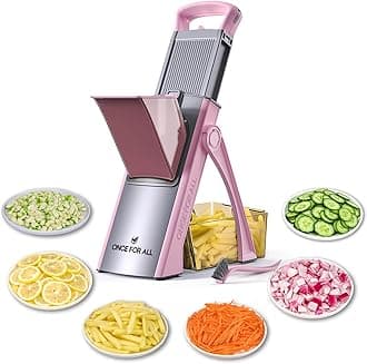 ONCE FOR ALL Safe Mandoline Vegetable Slicer Adjustable Thickness Potato Onion Chopper Vegetable Cutter Safety Upright Dicer for Kitchen JS03 (Pink)