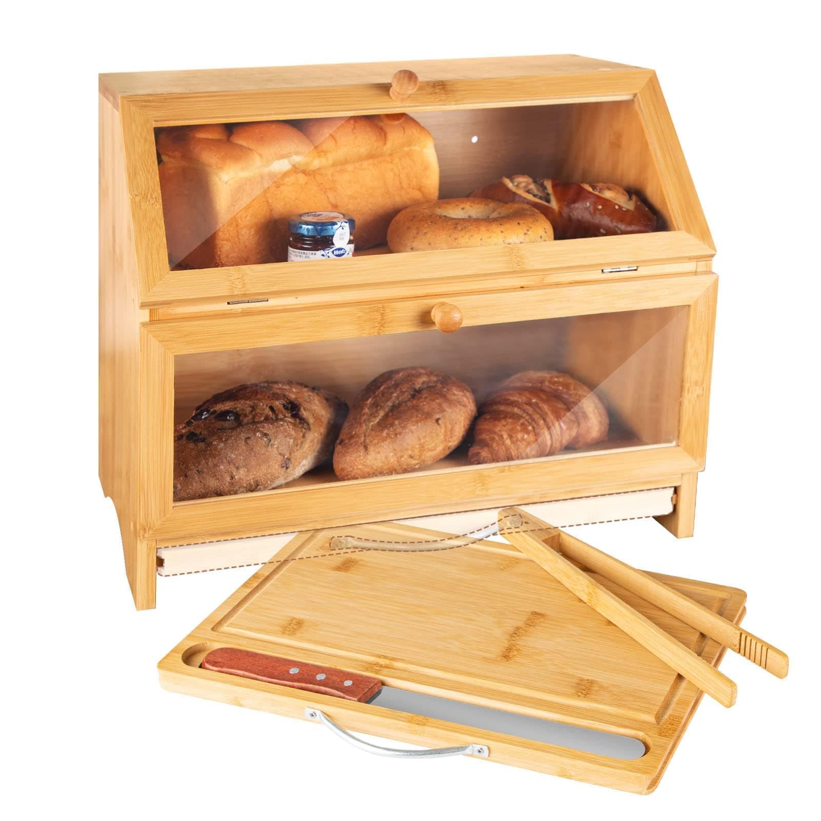 Bread Box for Kitchen Countertop, Bamboo Bread Container with Double Layer, Large Capacity Bread Storage with Acrylic Doors, Cutting Board and Stainless Steel Bread Knife