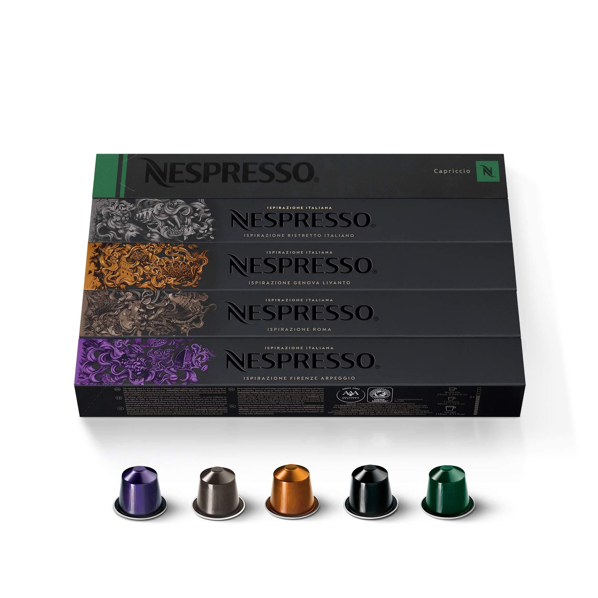 Original Coffee Pods, 50 Mixed Pack - 10 Arpeggio, 10 Ristretto, 10 Capriccio, 10 Roma, 10 Livanto Capsules for Nespresso Machines. Make Espressos, Cappuccino and Macchiato. Recyclable Pods