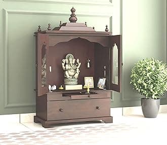 G Fine Furniture 2.9 Feet Wooden Temple for Home | Pooja Mandir, Puja Ghar Mandap with 1 Drawer Storage, 2 Glass Door Cabinet & Dhoop Batti Slider Stand, Solid Wood Sheesham, Walnut