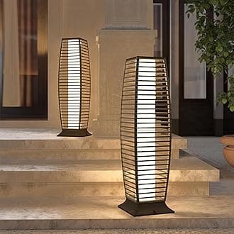 2-Piece Outdoor Floor Lamp Solar Powered Lantern Waterproof Wicker Boho Deck Lights for Garden Porch Decor, Large Crossover