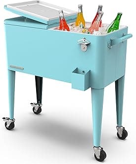 Permasteel 80-Qt Classic Outdoor Patio Cooler For Outside Outdoor Beverage Cooler Bar Cart, Rolling Cooler With Wheels & Handles, Retro Design, Turquoise