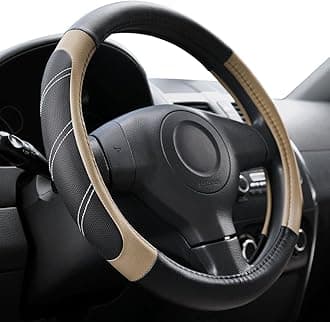 Elantrip Sport Leather Steering Wheel Cover 14 1/2 inch to 15 inch Universal, Padded Soft Grip Breathable for Car Truck SUV Jeep, Anti Slip Odorless Black and Beige