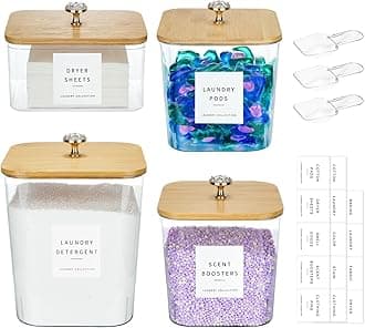 4 Pack Laundry Pod Containers and Dryer Sheet Holder for Laundry Room Organization Acrylic Jars with Lids and Labels for Laundry Detergent Laundry Pods Dry Sheet Organizing