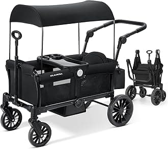 ELEMARA Foldable Wagon Stroller, Stroller Wagon for 2 Kids, Premium All Terrain Wagon for Kids with Removable Canopy, Adjustable Push/Pull Handle, Harnesses, Large Storage Bag, Black