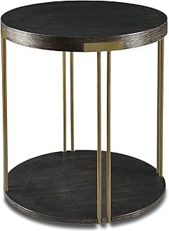 Biaco Modern Industial Round Side Table, Circle Coffee End Table Bedside Nightstand for Living Room & Small Space Decor, Birch Veneer Textured & Gold Metal Legs, Black Gold