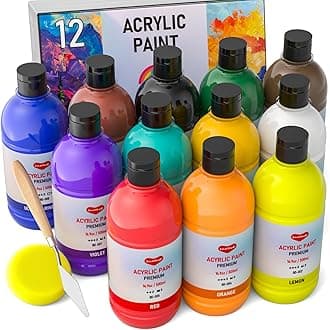 12 Colors Large Acrylic Paint Set (16.9 oz,500 ml), Bulk Acrylic Paint Non-Toxic Art Painting Supplies on Multi Surface Pumpkin Canvas Wood Craft Fabric Rock for Artist Kids with Color Wheel