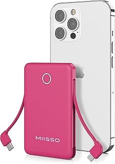 - miisso 6000mah Ultra Slim Built in Cables Power Bank, Card Size Built in USB C Cords Battery Pack Portable Charger for Phones, 3 Output External Battery Pack Compatible with iPhone, Plum Red
